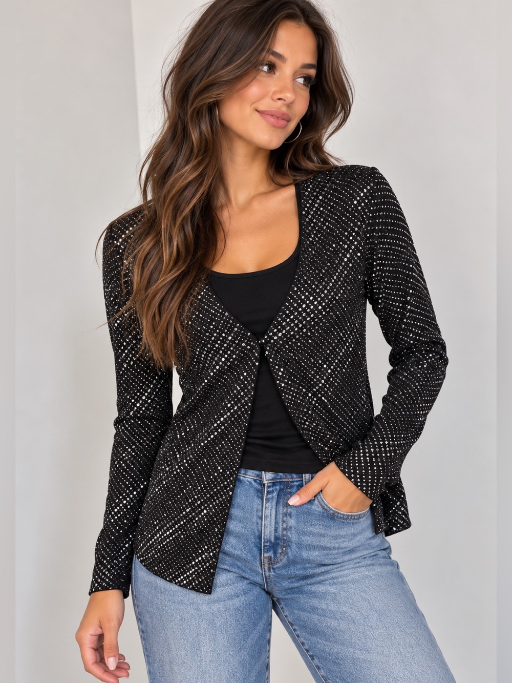 Notations Petite Black Sparkle Rhinestone Cardigan Top PL Y2K Party Evening